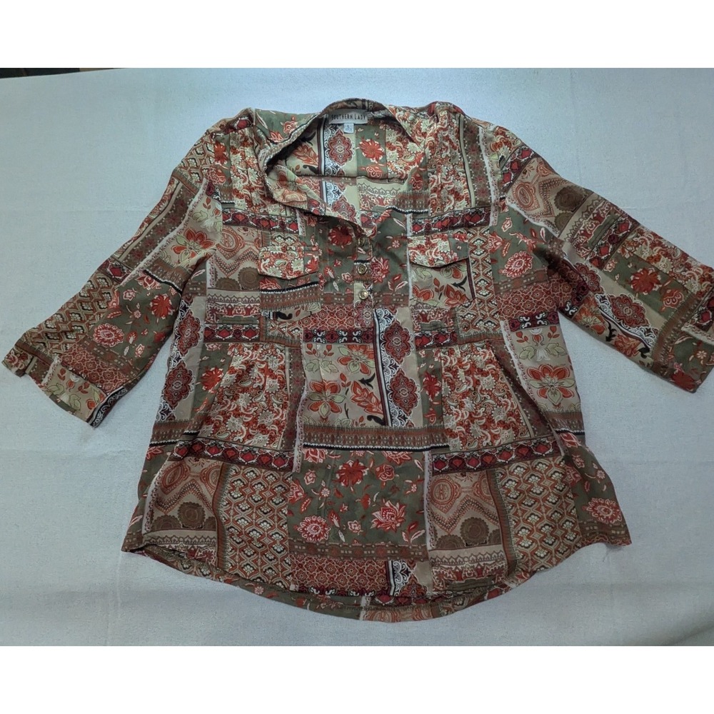 Southern Lady Blouse Womens Large Multicolor Excellent Patchwork 3/4 Sleeve Top